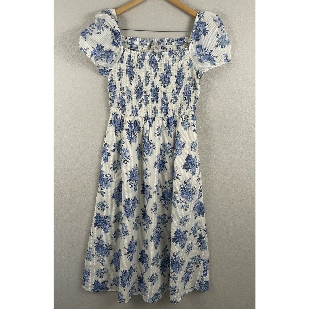 Loft Womens S Blue Floral Smocked Puff Sleeve Milkmaid Romantic Cottage Dress